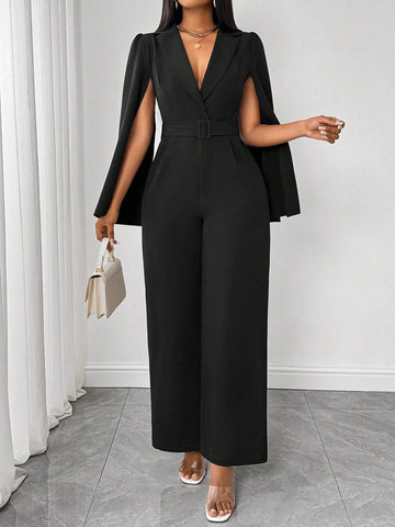 Women's Autumn/Winter Solid Color V-Neck Cinched Waist Slit Long Sleeve Jumpsuit