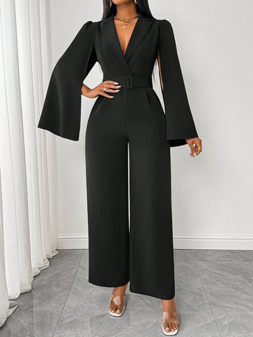 Women's Autumn/Winter Solid Color V-Neck Cinched Waist Slit Long Sleeve Jumpsuit