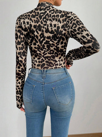 Women's Autumn/Winter Stand Collar Zipper Tight-Fit Raglan Leopard Print Long Sleeve Bodysuit