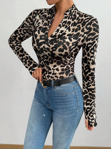 Women's Autumn/Winter Stand Collar Zipper Tight-Fit Raglan Leopard Print Long Sleeve Bodysuit