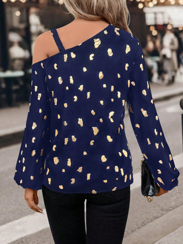 Clasi Women's Autumn Foil Printed Asymmetric Collar Lantern Sleeve Elegant Blouse