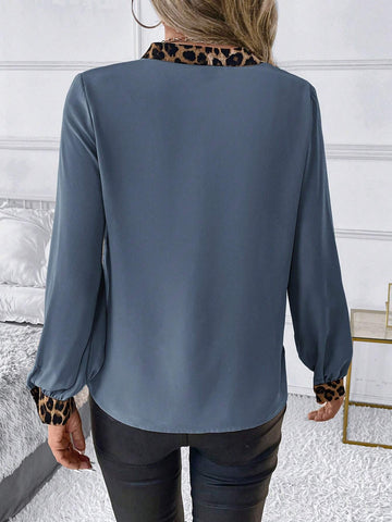 Clasi Women's Autumn Leopard Patchwork V-Neck Long Sleeve Elegant Blouse
