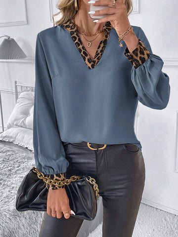 Clasi Women's Autumn Leopard Patchwork V-Neck Long Sleeve Elegant Blouse