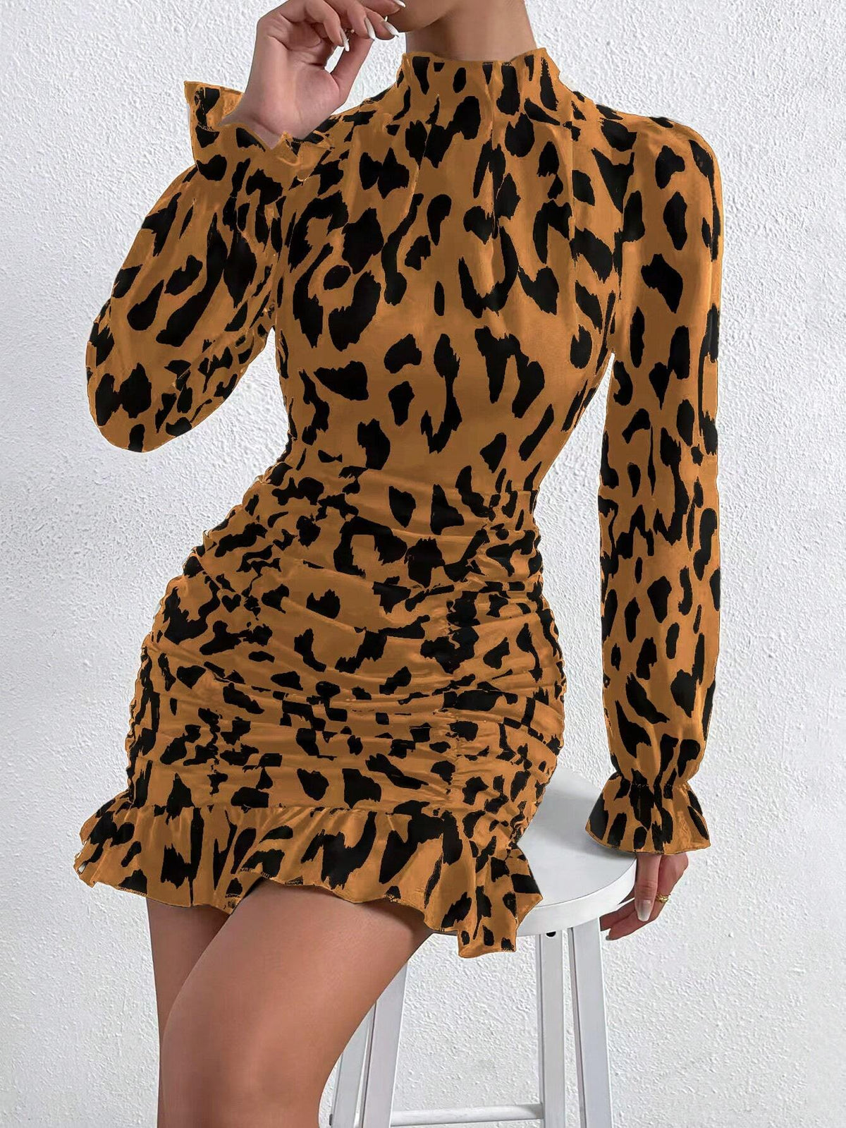Women's Autumn Leopard Print Collared Ruffle Bell Sleeve Short Dress