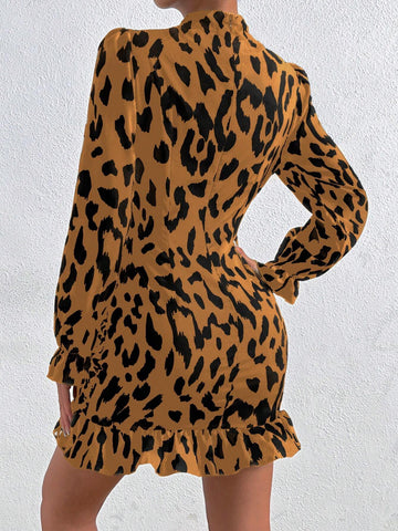 Women's Autumn Leopard Print Collared Ruffle Bell Sleeve Short Dress