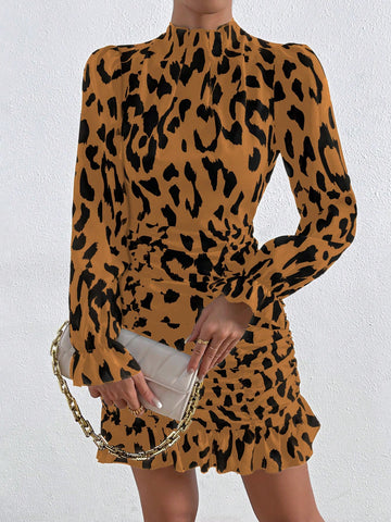 Women's Autumn Leopard Print Collared Ruffle Bell Sleeve Short Dress