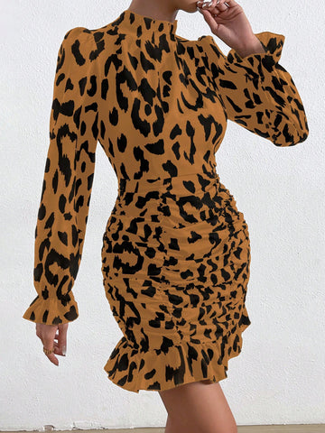 Women's Autumn Leopard Print Collared Ruffle Bell Sleeve Short Dress