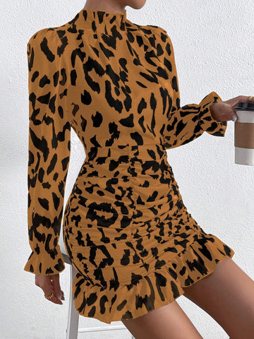 Women's Autumn Leopard Print Collared Ruffle Bell Sleeve Short Dress