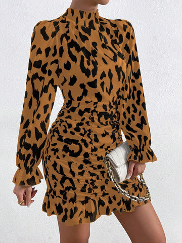 Women's Autumn Leopard Print Collared Ruffle Bell Sleeve Short Dress