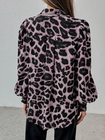 Clasi Women's Autumn Leopard Print Lantern Sleeve Single-Breasted Loose Shirt