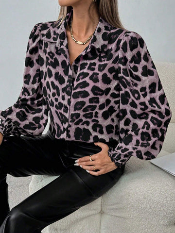 Clasi Women's Autumn Leopard Print Lantern Sleeve Single-Breasted Loose Shirt