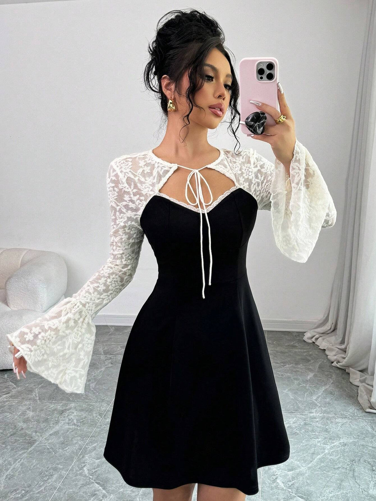 Women's Autumn Long Sleeve Front Tie Black & White Lace Patchwork A-Line Dress