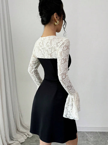 Women's Autumn Long Sleeve Front Tie Black & White Lace Patchwork A-Line Dress