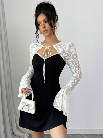 Women's Autumn Long Sleeve Front Tie Black & White Lace Patchwork A-Line Dress