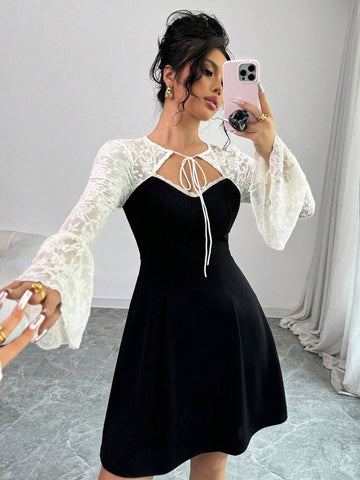 Women's Autumn Long Sleeve Front Tie Black & White Lace Patchwork A-Line Dress