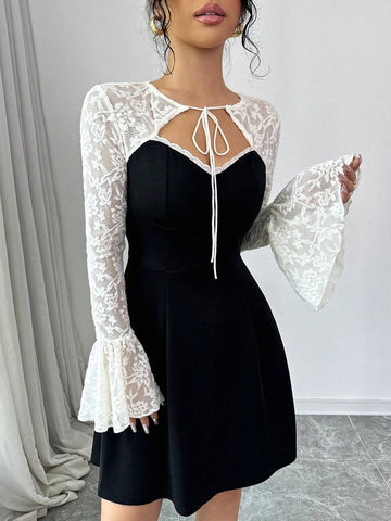 Women's Autumn Long Sleeve Front Tie Black & White Lace Patchwork A-Line Dress