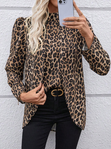 Clasi Women's Autumn Puff Sleeve Fashion Stand Collar Leopard Print Blouse