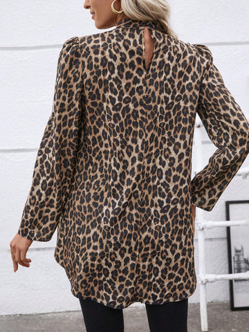 Clasi Women's Autumn Puff Sleeve Fashion Stand Collar Leopard Print Blouse