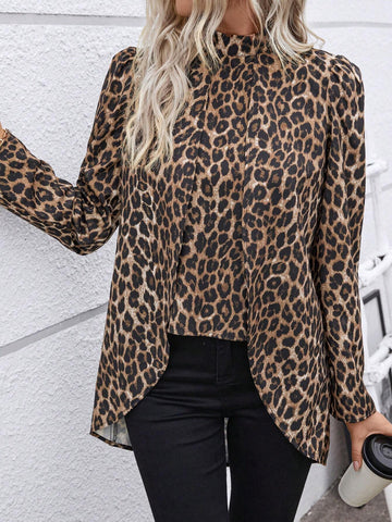 Clasi Women's Autumn Puff Sleeve Fashion Stand Collar Leopard Print Blouse