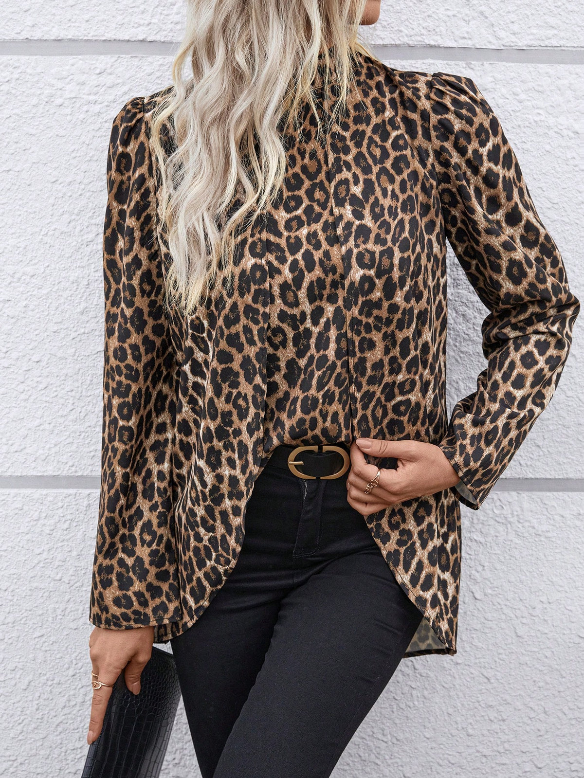 Clasi Women's Autumn Puff Sleeve Fashion Stand Collar Leopard Print Blouse