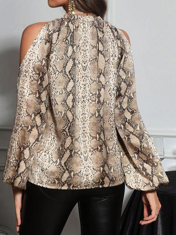 Clasi Women's Autumn Snake Print Open Shoulder Lantern Sleeve Loose Fashion Blouse