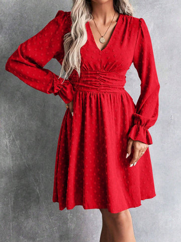 Women's Autumn Solid Color V-Neck Long Sleeve Waist Ruched Short Dress