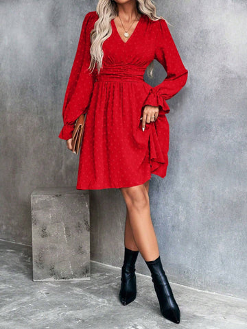 Women's Autumn Solid Color V-Neck Long Sleeve Waist Ruched Short Dress