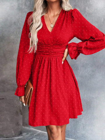 Women's Autumn Solid Color V-Neck Long Sleeve Waist Ruched Short Dress