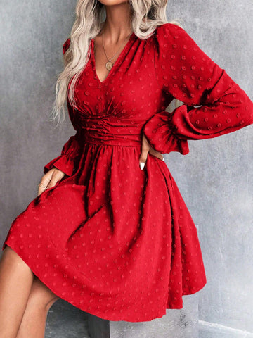Women's Autumn Solid Color V-Neck Long Sleeve Waist Ruched Short Dress
