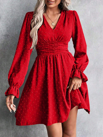 Women's Autumn Solid Color V-Neck Long Sleeve Waist Ruched Short Dress