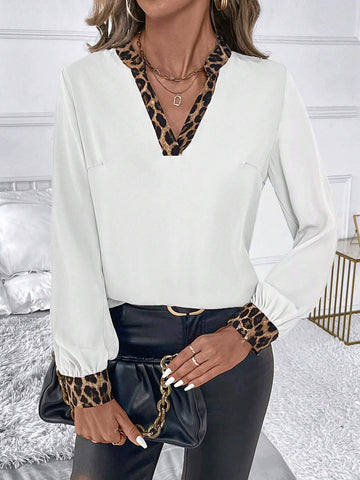 Clasi Women's Autumn Splicing Leopard Print V-Neck Long Sleeve Elegant Blouse