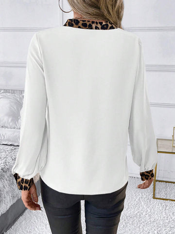 Clasi Women's Autumn Splicing Leopard Print V-Neck Long Sleeve Elegant Blouse