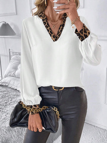 Clasi Women's Autumn Splicing Leopard Print V-Neck Long Sleeve Elegant Blouse