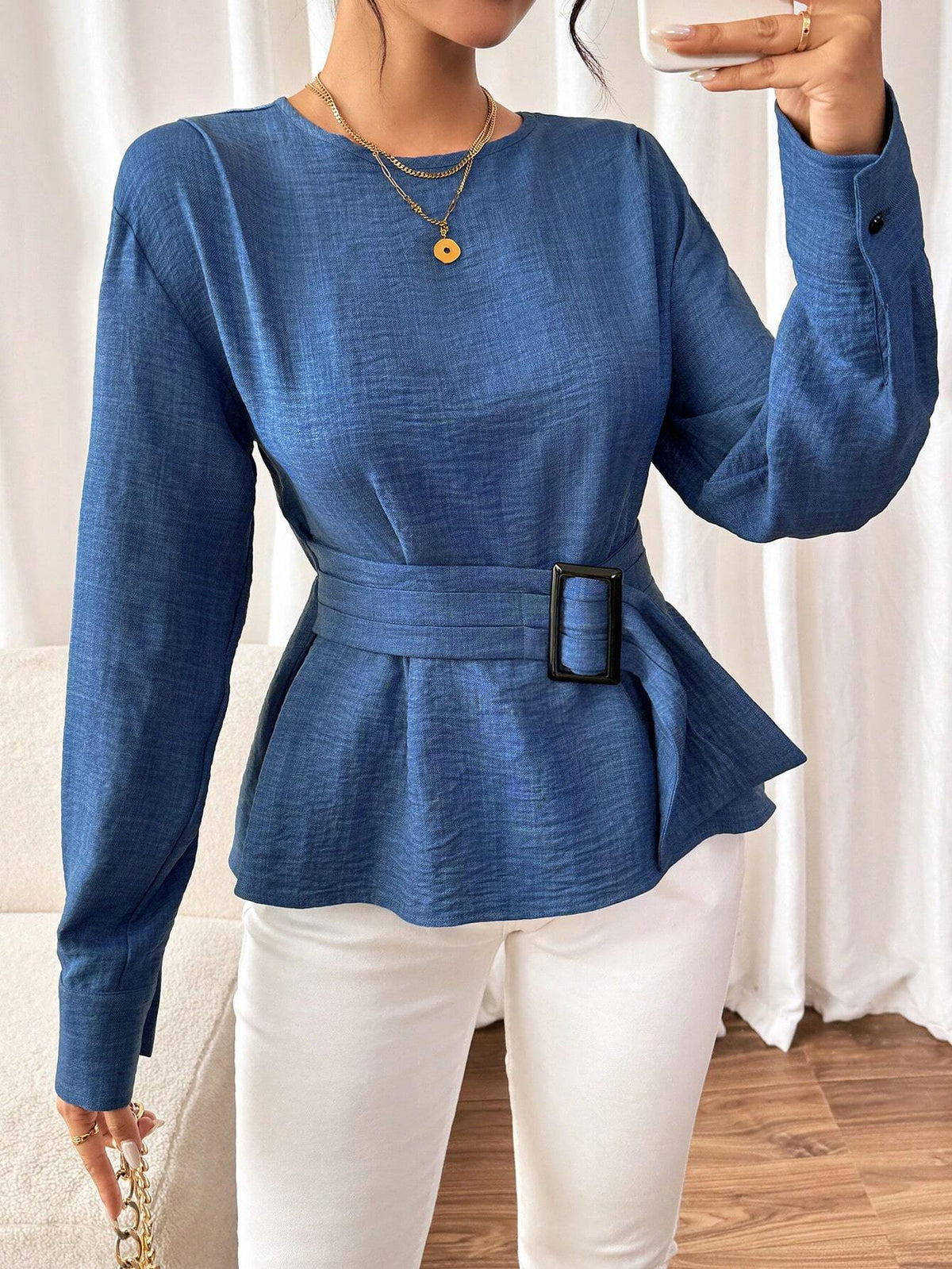 Clasi Women's Autumn Waist Cinched Long Sleeve Blouse