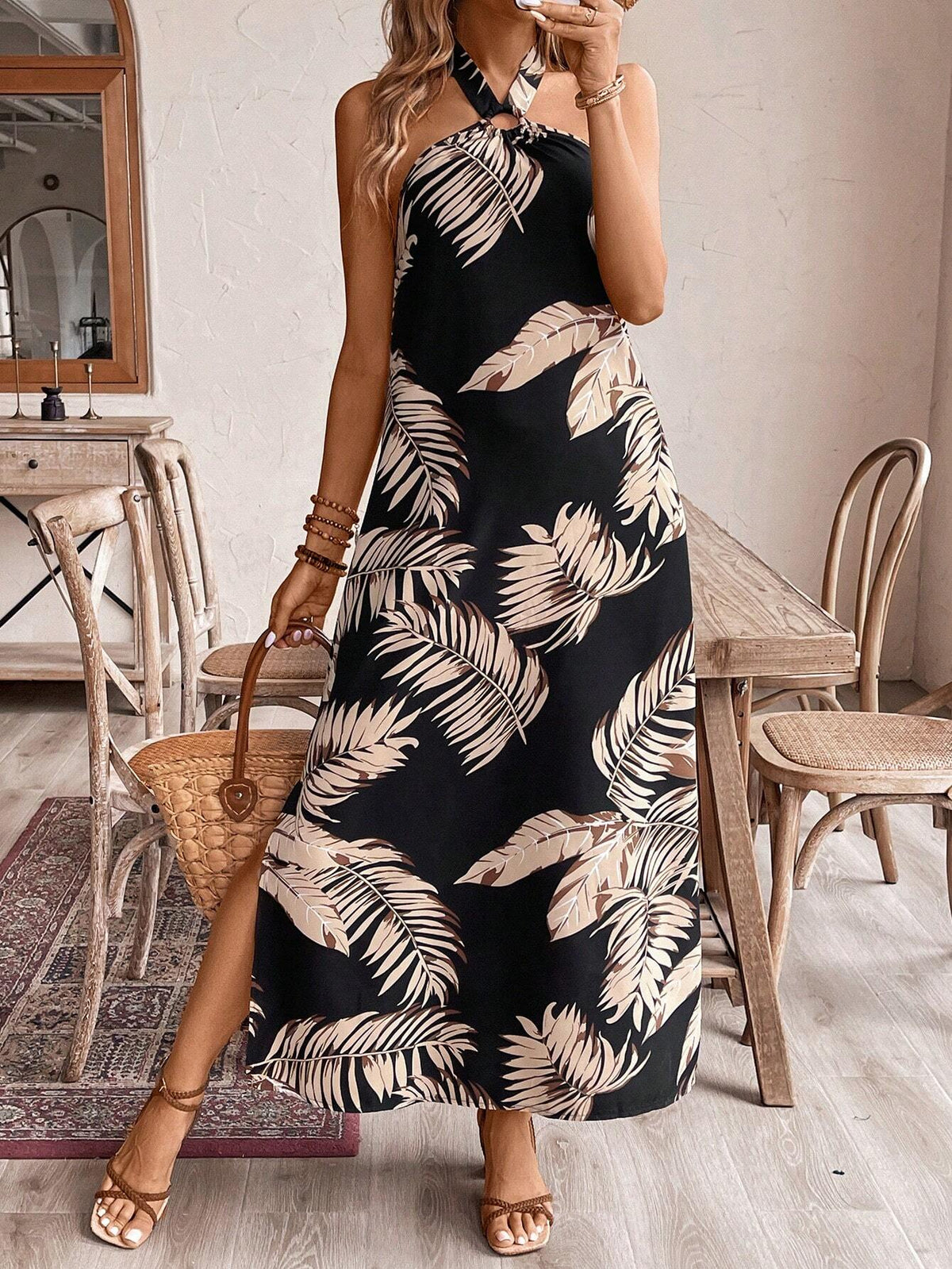 Women's Backless Halter Leaf Printed Vacation Summer Dress With Halter