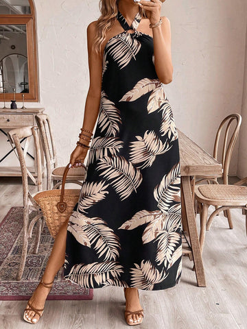 Women's Backless Halter Leaf Printed Vacation Summer Dress With Halter