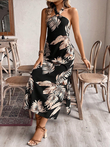 Women's Backless Halter Leaf Printed Vacation Summer Dress With Halter