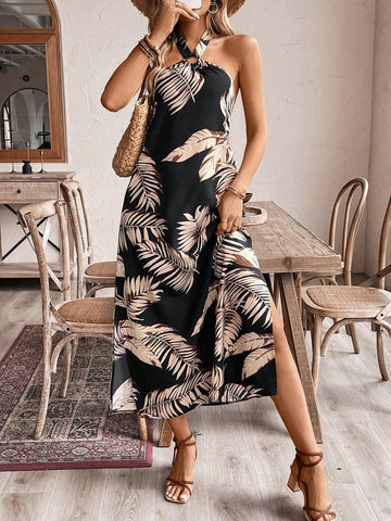 Women's Backless Halter Leaf Printed Vacation Summer Dress With Halter