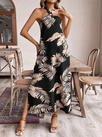 Women's Backless Halter Leaf Printed Vacation Summer Dress With Halter