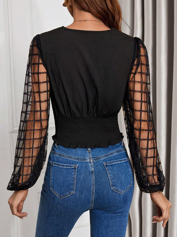 Clasi Women's Black Collared Puff Sleeve Mesh Insert Blouse