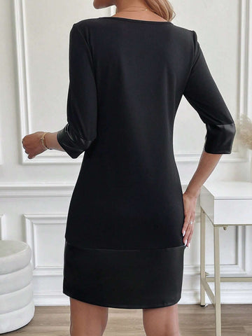 Women's Black PU Patchwork Knit Straight Dress, Suitable For Daily Commuting, Versatile Black Dress