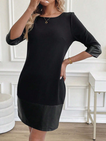 Women's Black PU Patchwork Knit Straight Dress, Suitable For Daily Commuting, Versatile Black Dress