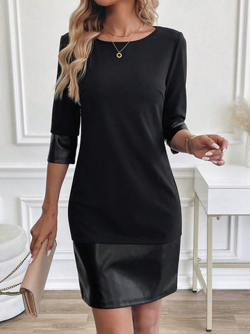Women's Black PU Patchwork Knit Straight Dress, Suitable For Daily Commuting, Versatile Black Dress