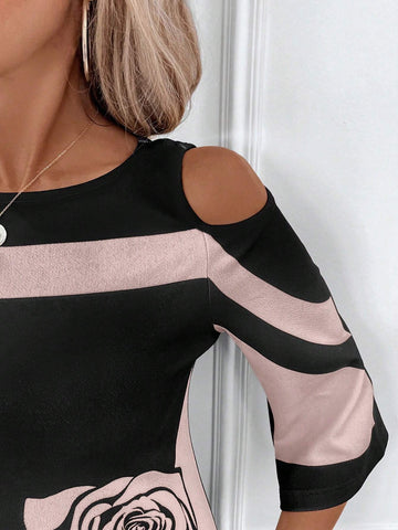 Women's Black & White Contrast Rose Print Strapless Elegant Dress