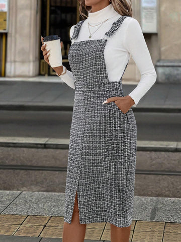 Women's Black & White Plaid Sleeveless Pinafore Dress, Autumn/Winter