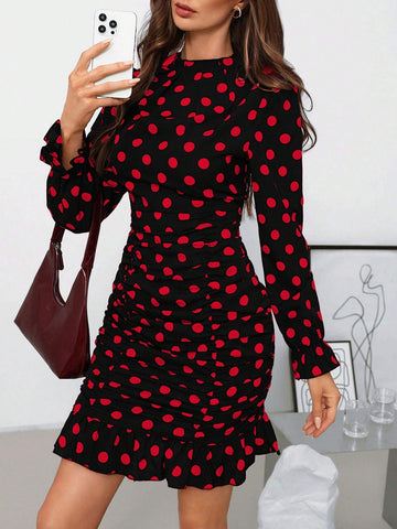 Women's Black & White Polka Dot Fashionable Versatile Long Sleeve Fishtail Dress