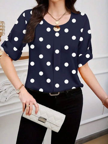 Clasi Women's Black & White Polka Dot Print Decorative Button Shirt