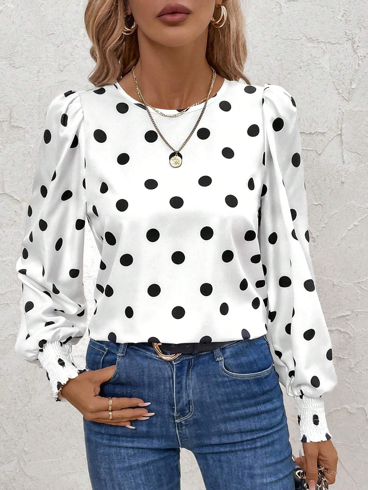 Clasi Women's Black & White Polka Dot Print Lantern Sleeve Ruffled Blouse