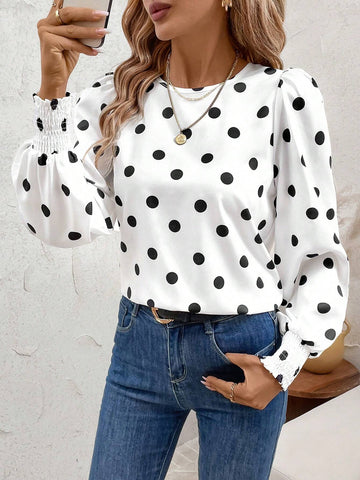 Clasi Women's Black & White Polka Dot Print Lantern Sleeve Ruffled Blouse