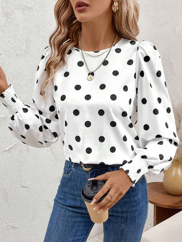 Clasi Women's Black & White Polka Dot Print Lantern Sleeve Ruffled Blouse